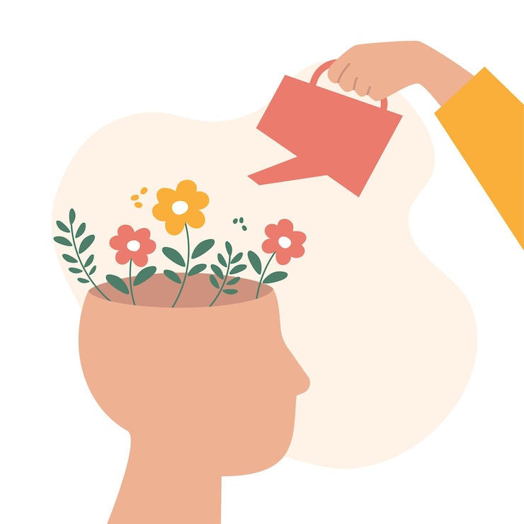 वेक्टर human hand with watering can irrigates blossom flowers inside head