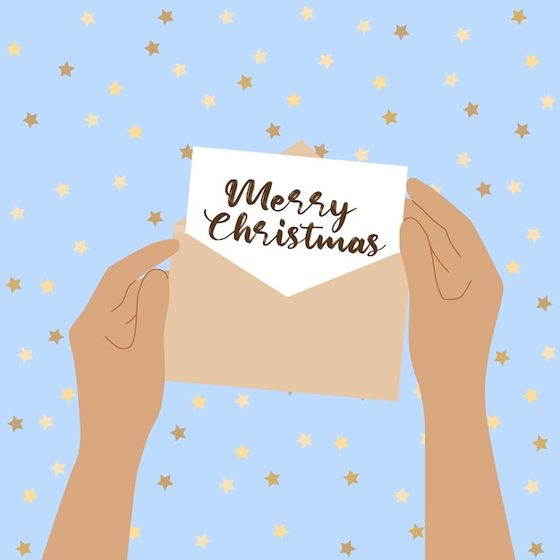 Human hands are holding an open envelope with a letter. Concept of reading letter with congratulation Merry Christmas. Greeting card. Vector flat illustration