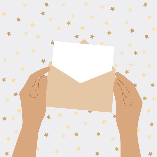 Le mani umane tengono in mano una busta aperta con una lettera. concetto di lettura della lettera della posta. biglietto d'auguri. illustrazione piatta vettoriale