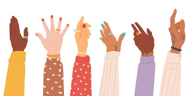 Vector human hands cartoon diverse arms raised up different skin colours hands flat vector illustration set hands gestures collection