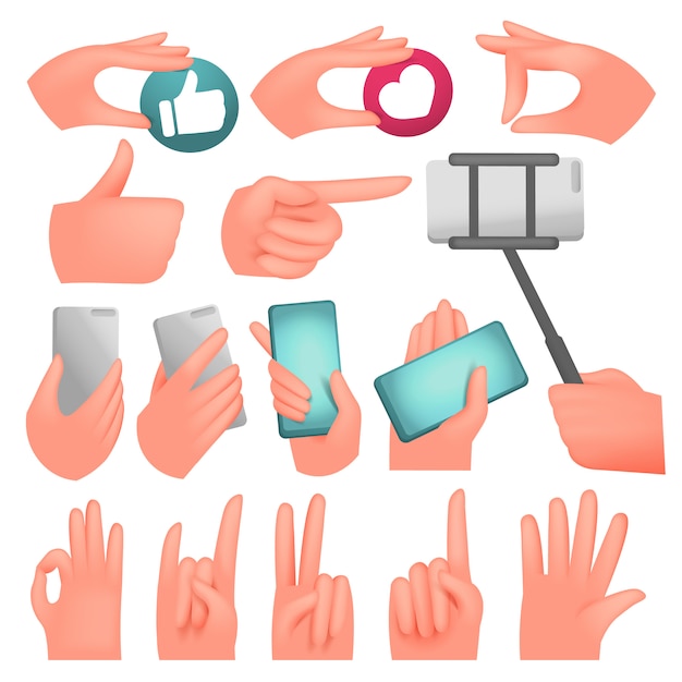 Vector human hands collection, various gestures, signals and signs