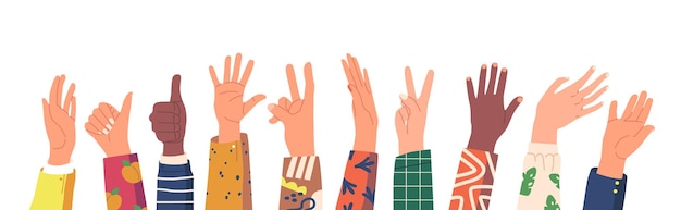 Mani umane che salutano gesticolando diversi personaggi braccia in bianco e nero che esprimono emozioni con i palmi delle mani e le dita mostrano il pollice in su agitando dare cinque vittoria fumetto persone illustrazione vettoriale