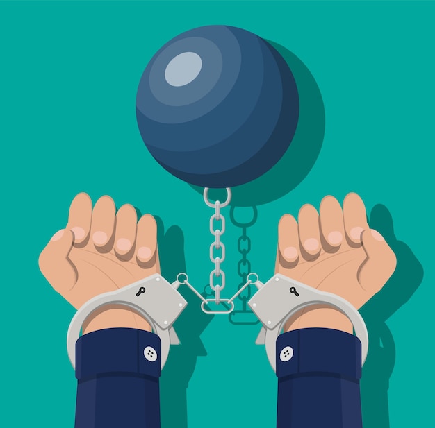 Vector human hands in handcuffs and weight ball. anti criminal, anti corruption concept. tax evasion, criminal and bribe. vector illustration in flat style