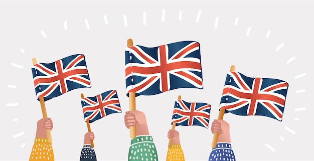 Human hands hold english great britain flags