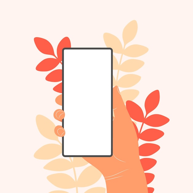 Vector human hands hold horizontally mobile phone with blank screen hand holding phones with empty screens mock up flat vector illustration scrolling or searching