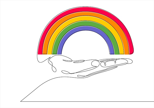人間の手は線を保持します虹。ベクトルイラスト。連続線
