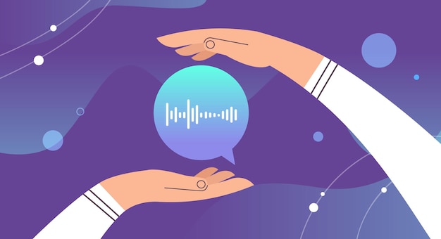 Vector human hands holding audio voice message speech communicate in instant messengers audio chat application social media online communication concept horizontal vector illustration