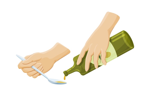 Human hands holding bottle of olive oil and spoon