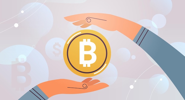 human hands holding gold coin bitcoin cryptocurrency concept horizontal vector illustration