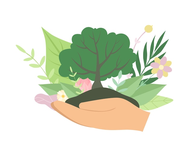 Human Hands Holding Green Tree Environmental Protection Ecology Vector Illustration on White Background