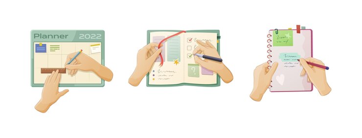 Vector human hands holding markers pens and pencils set arms taking notes writing letters drawing