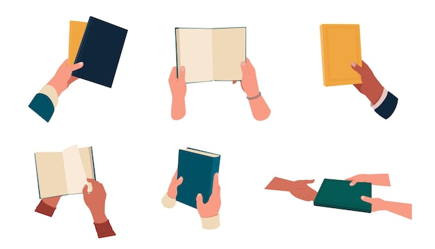 Vector human hands holding open and closed books