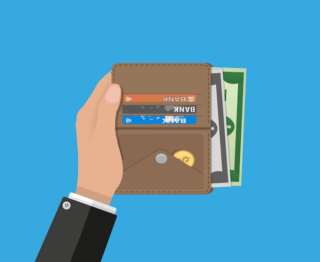 Human hands holding opened wallet