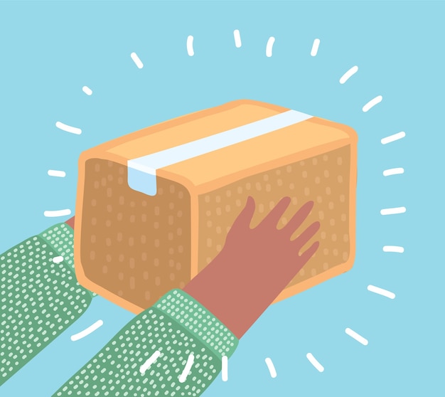 Human hands holding package box in blue isolated background