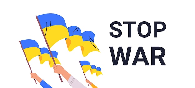 Vettore le mani umane che tengono la bandiera ucraina pregano per la pace dell'ucraina salva l'ucraina dalla russia ferma il concetto di guerra