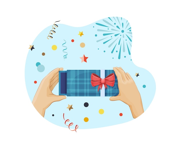 Vettore mani umane che aprono una piccola confezione regalo blu con fiocco persona che riceve la confezione regalo all'anniversario di compleanno di natale e altre occasioni simili