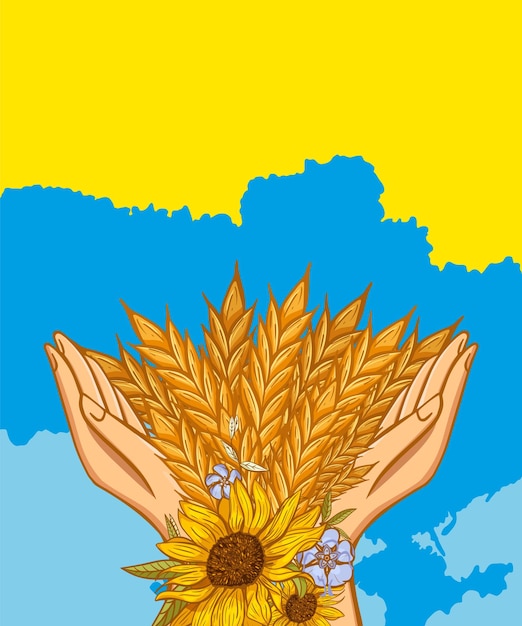 Vector human hands protecting ears of wheat against colours of ukrainian flag