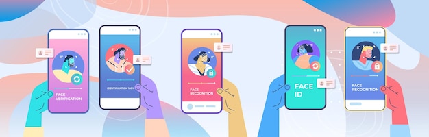 Mani umane utilizzando l'app mobile verifica dell'identità del viso scansione processo di riconoscimento facciale accesso id personale sugli schermi dello smartphone illustrazione vettoriale orizzontale verticale