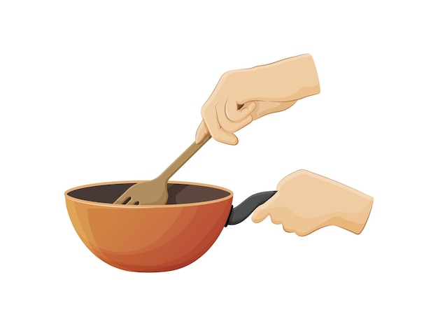調理に鍋とへらを使用する人間の手