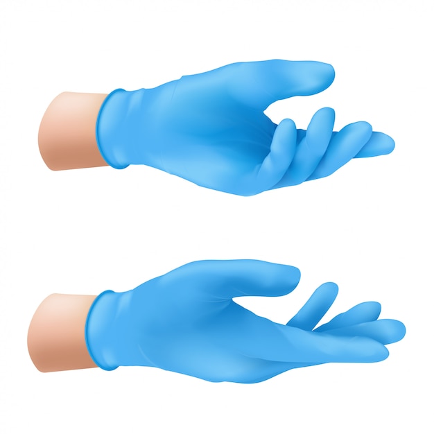 Human hands wearing blue latex medical gloves.