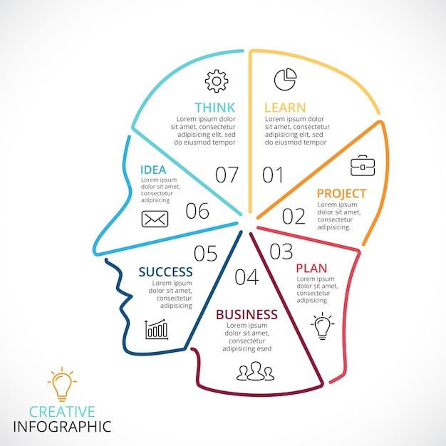 Diagramma circolare della testa umana infografica con 7 passaggi e opzioni