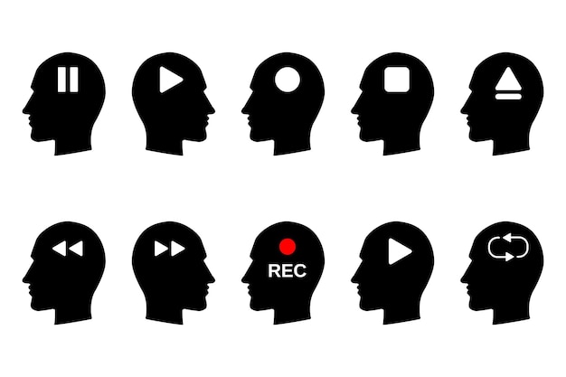 Human head icon set with a variety of symbol Play pause record stop rewind eject