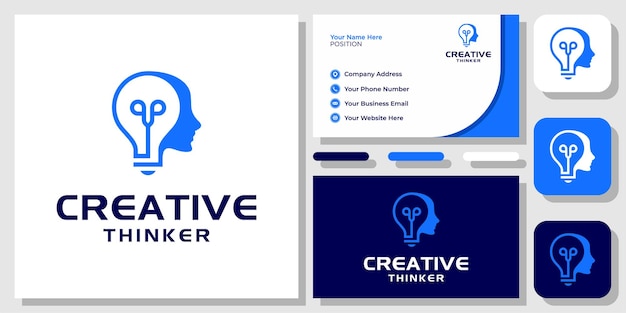 Vector human head lamp light bulb mind brain think person modern logo design with business card template