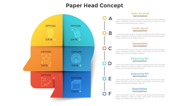 벡터 인간의 머리 또는 프로필은 6개의 다채로운 종이 조각으로 나뉩니다. 창의적인 비즈니스 사고의 6가지 기능 개념. 현대 infographic 디자인 서식 파일입니다. 데이터 시각화를 위한 벡터 일러스트 레이 션.