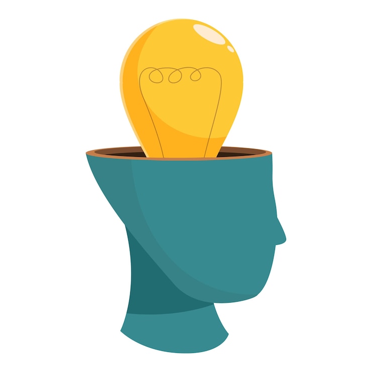 Vector human head profile containing glowing light bulb showing creative thinking process