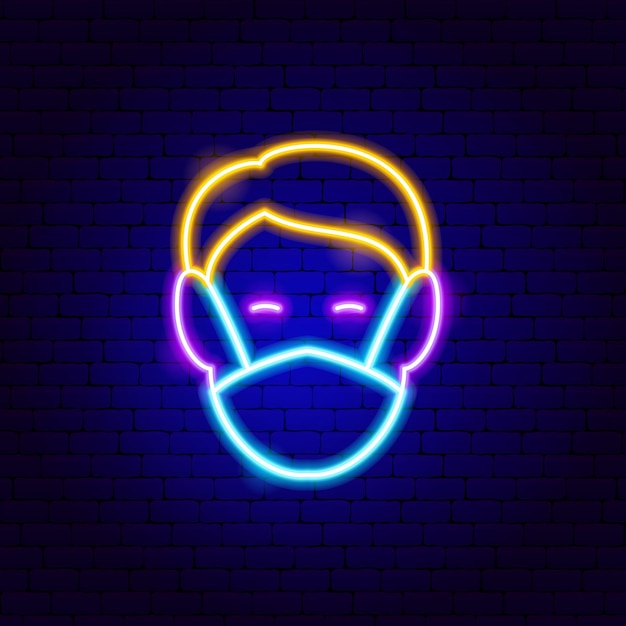 Vector human head in protective mask neon sign. vector illustration of medical promotion.