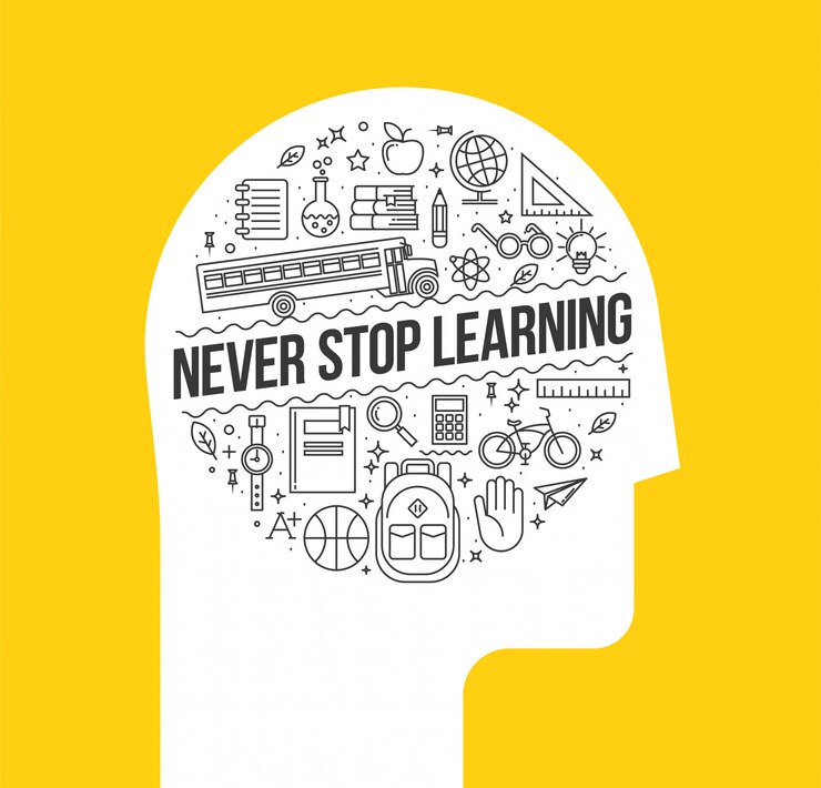 Vector human head silhouette with set of learning thin line icons inside with never stop learning inside.  