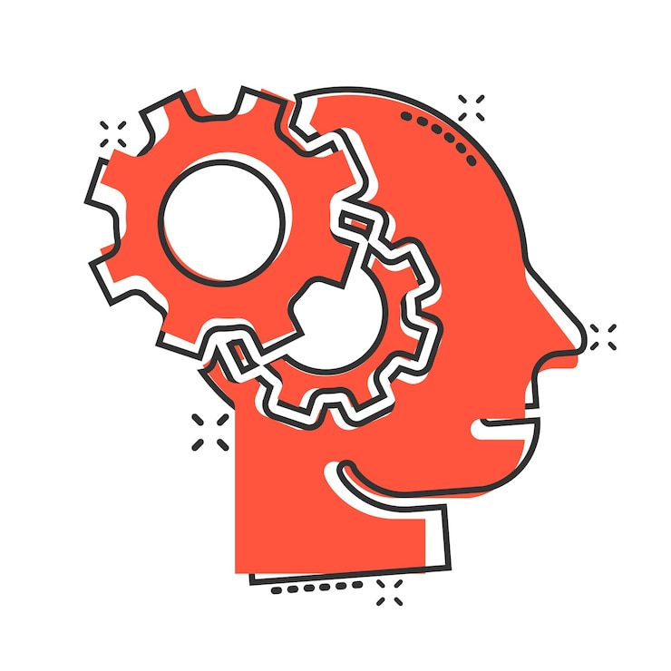 Vector human head with cogwheel icon in comic style technology progress cartoon vector illustration on white isolated background face and gear splash effect business concept