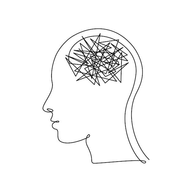 Human head with confusion of thoughts in continuous one line drawing. concept of bad mental health, anxiety and stress. headache and chaos in consciousness in linear style. vector illustration.