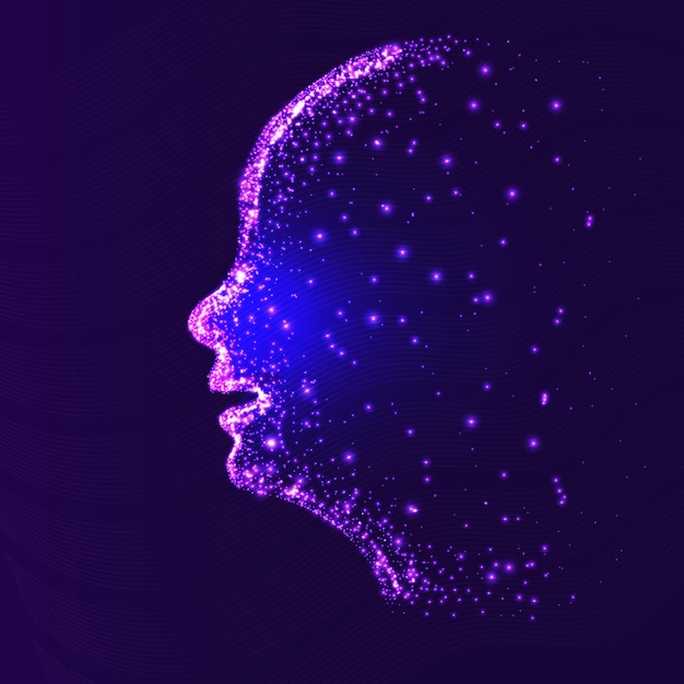 Человеческая голова со светящимся сознанием сети мозга искусственного интеллекта на синем фоне