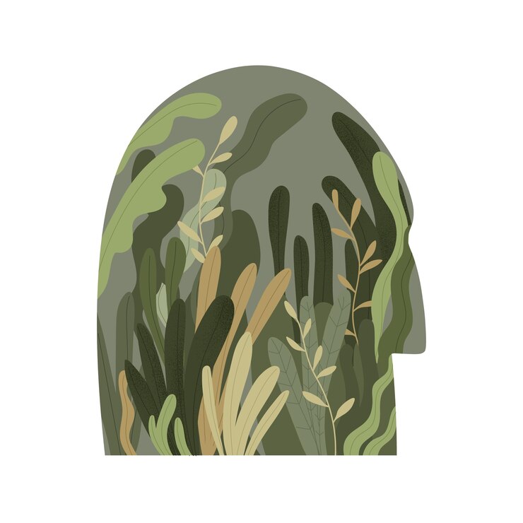 Vector human head with growing green plants inside environment and ecofriendly mindset concept person thinking about nature ecology colored flat vector illustration isolated on white background