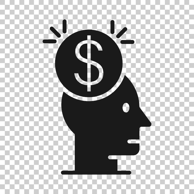 フラット スタイルのお金のアイコンを持つ人間の頭分離白地顔とドル コイン ビジネス コンセプトのキャリアの進歩ベクトル図
