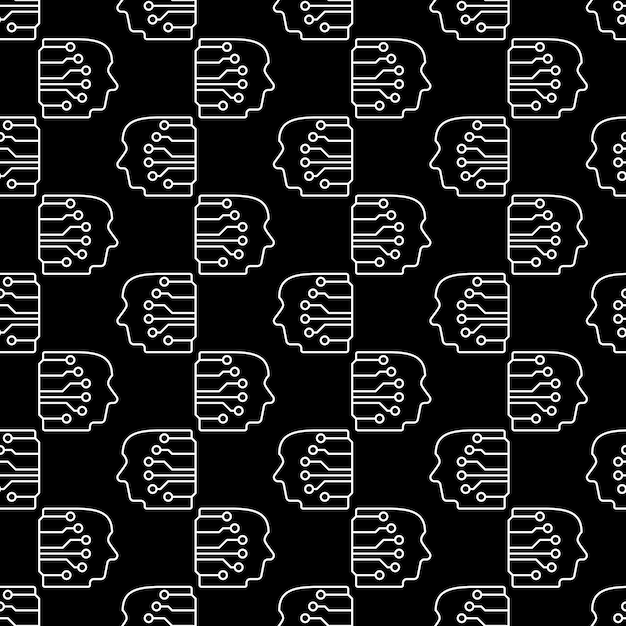 Human Head with Neural Network vector AI concept line dark seamless pattern