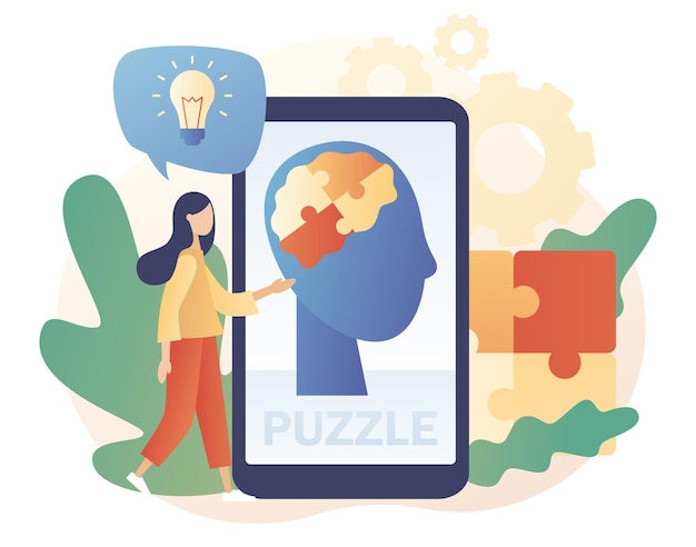 스마트폰 화면에 인간의 머리 퍼즐입니다. 정신 건강. 지식, 심리학, 기억, 논리.
