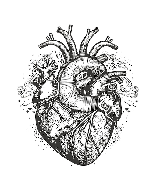 Cuore umano in bianco e nero uno schizzo disegnato a mano evidenziato su uno sfondo bianco illustrazione vettoriale