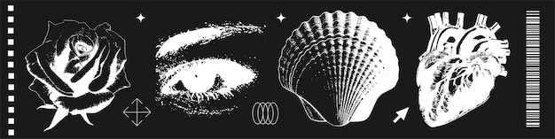 Вектор Человеческое сердце женский глаз роза и морская ракушка с ретро эффектом фотокопии старинная техника проливания