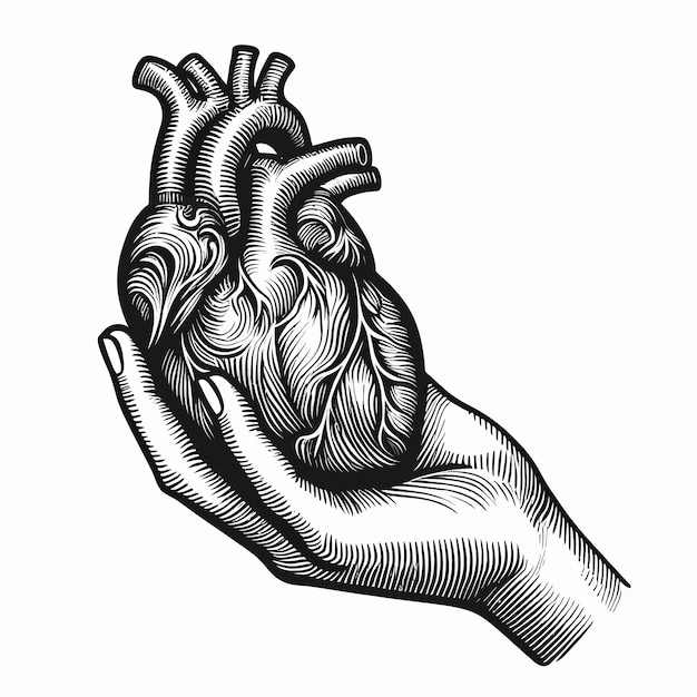 Human heart in graceful female hand isolated Sticker print or blackwork tattoo hand drawn vector i