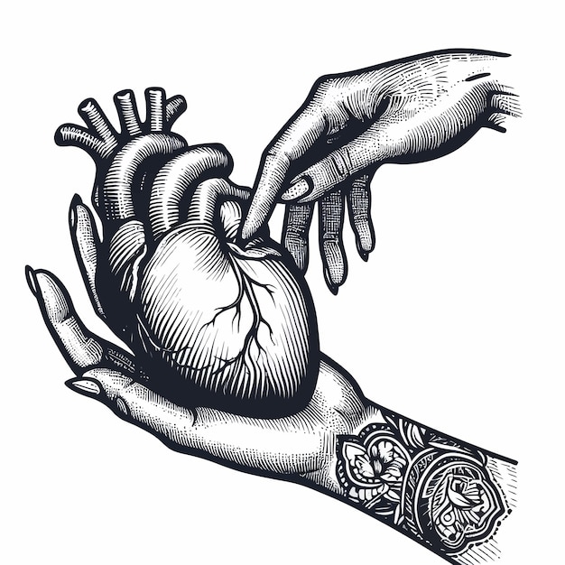 Human heart in graceful female hand isolated Sticker print or blackwork tattoo hand drawn vector i