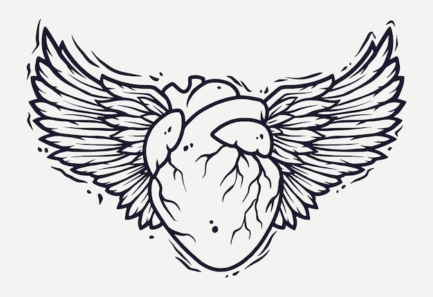 Vector human heart and pair of bird wings with feathers