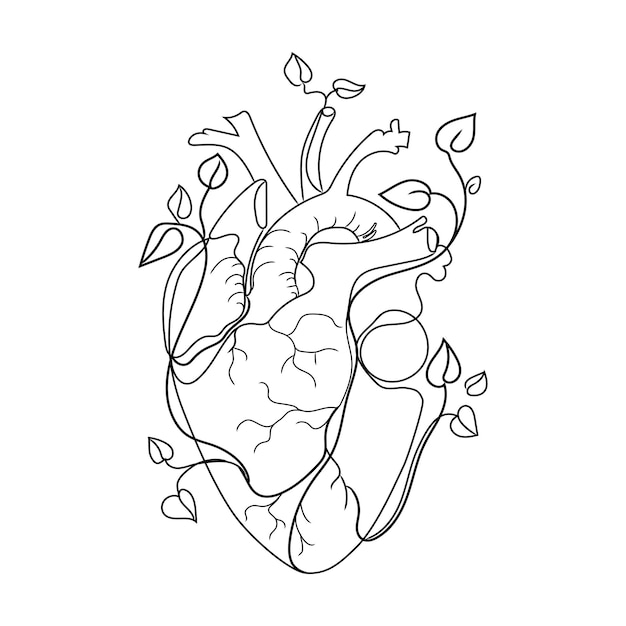 Vector human heart with branches growing plant leaves line vector illustrationabstract anatomical heart