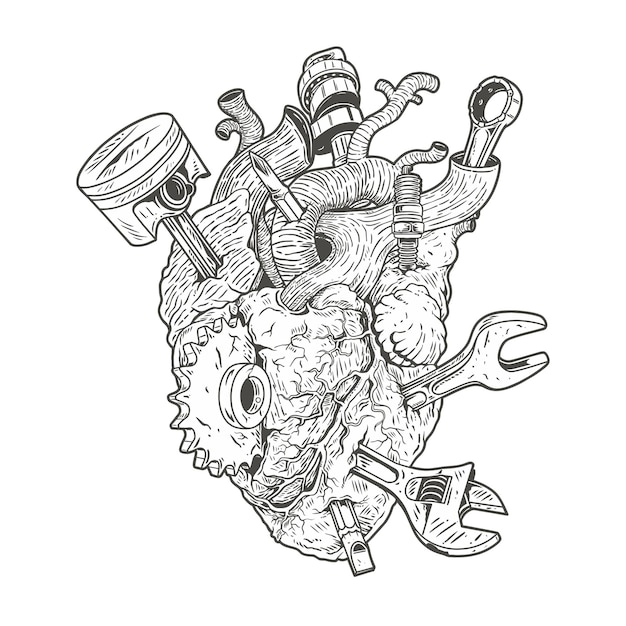 human heart with embedded workshop equipment