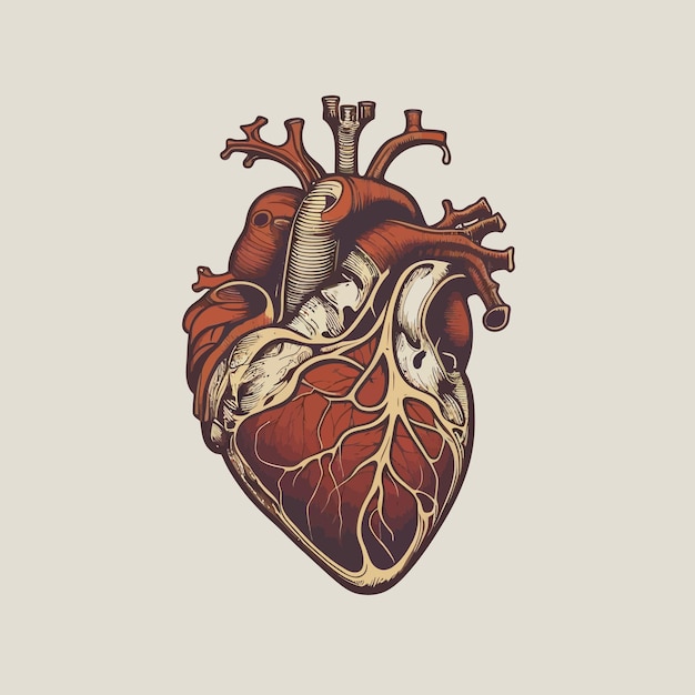 Vettore cuore umano con vene e arterie illustrazione vettoriale in stile vintage