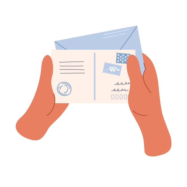 Vector human holds an envelope with a postcard in his hands send and receive letters delivery message