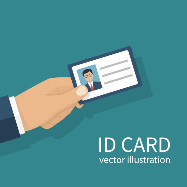 Vector human holds identification card in hand with permit vector illustration flat design style personal identification access control sign id card personal document