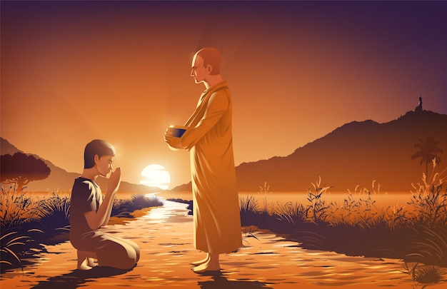 The human husband with the alien wife is giving alms to a monk