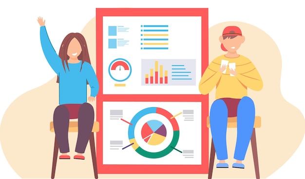 Human infographic children sitting near statistical poster report with diagrams and graphs